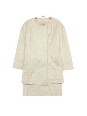 Chanel Suit Vintage Skirt Set Long Jacket CC Logo Lining Off White